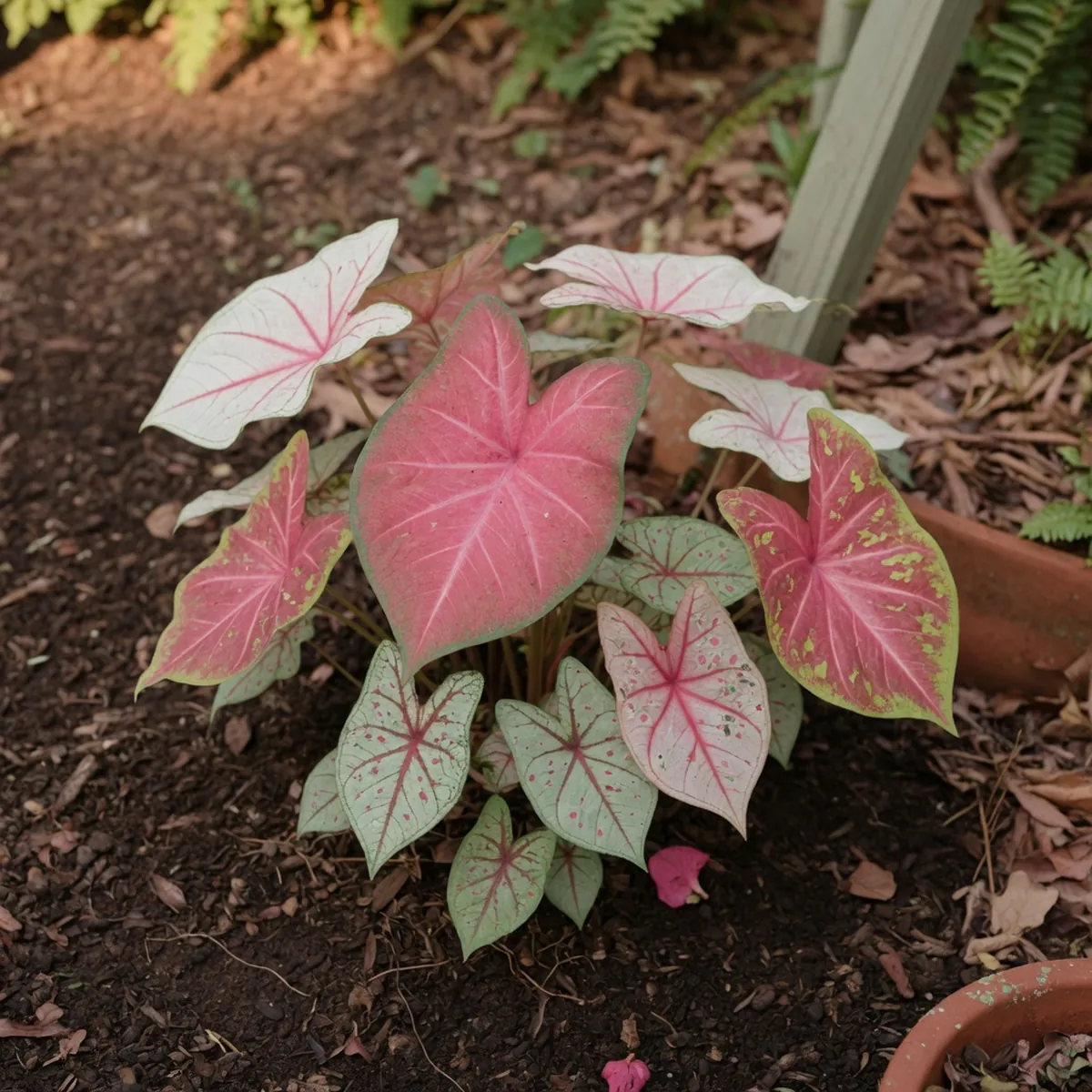 Vibrant Caladium leaves displaying shades of pink, white, and green growing in a shaded garden bed.