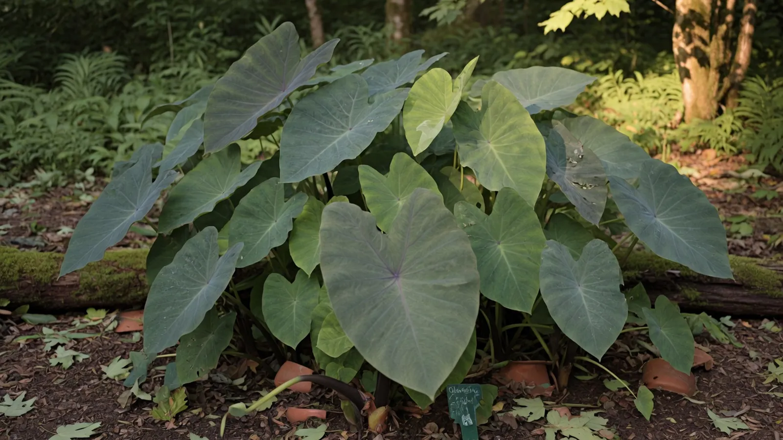 A lush cluster of large heart-shaped elephant ear leaves growing densely in a shaded garden bed.