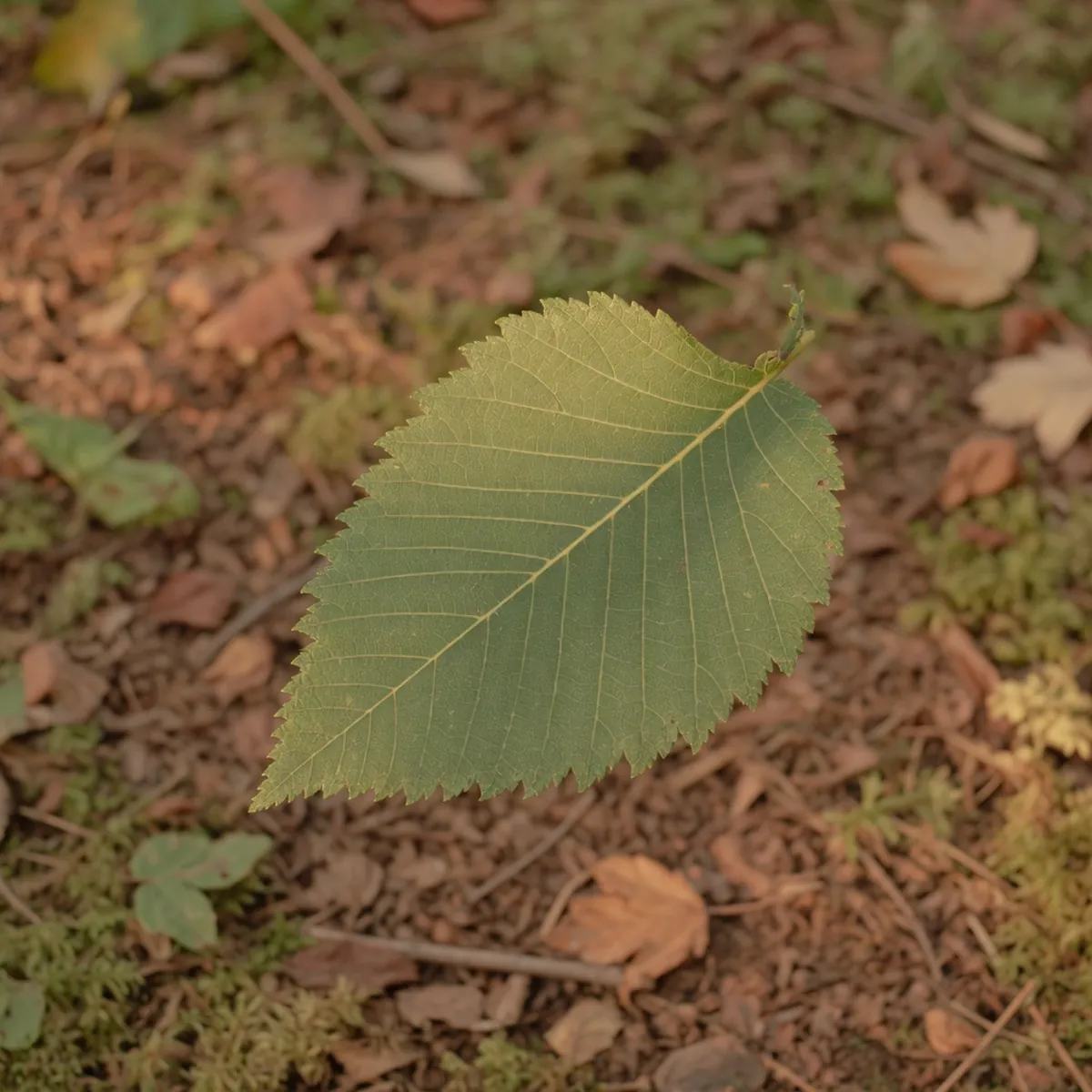 A close-up of a green elm leaf with a serrated edge and asymmetrical base resting on a blurred natural background.