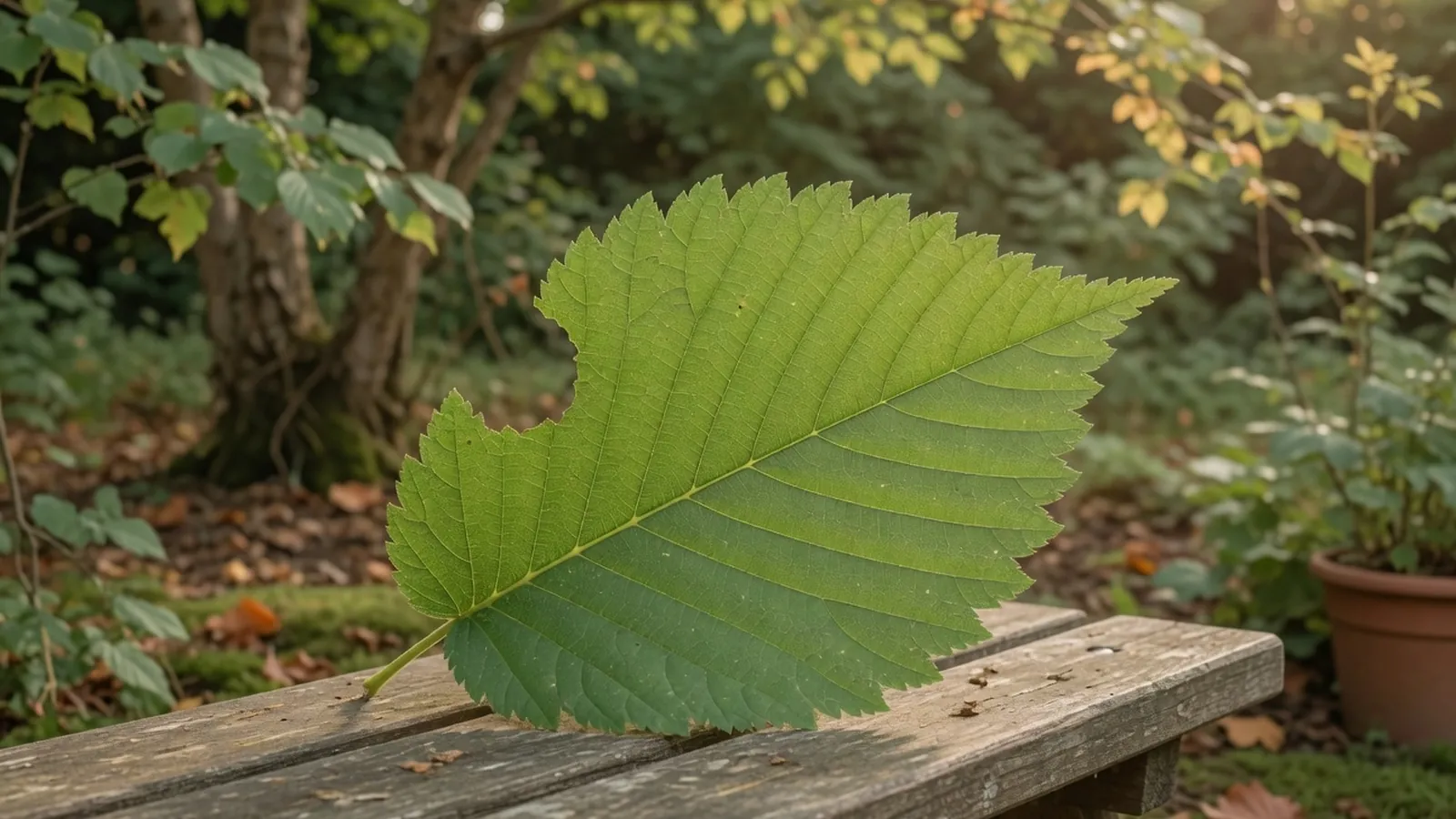 A healthy green elm leaf with a distinctly asymmetrical base and serrated edges against a blurred woodland background.