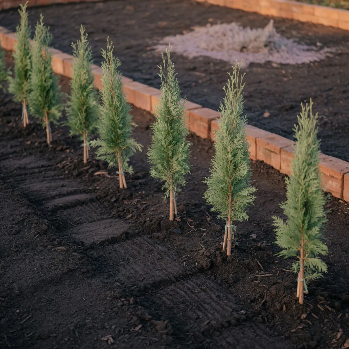 A row of young arborvitae trees planted in a straight line with visible gaps between their trunks.