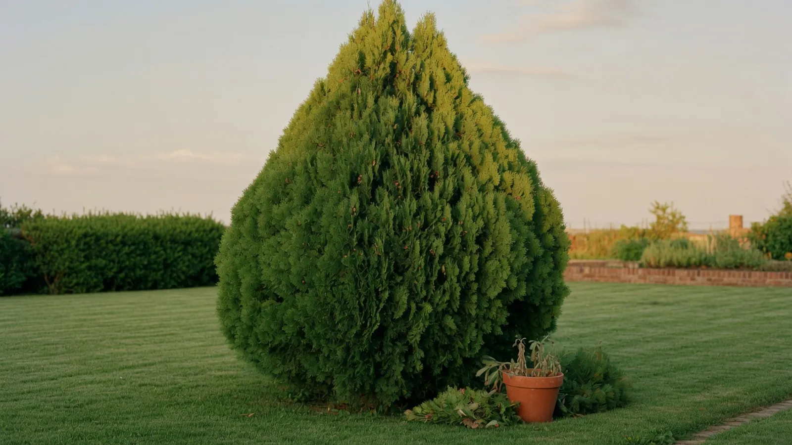 A mature pyramidal evergreen tree with dense emerald foliage standing in a garden.