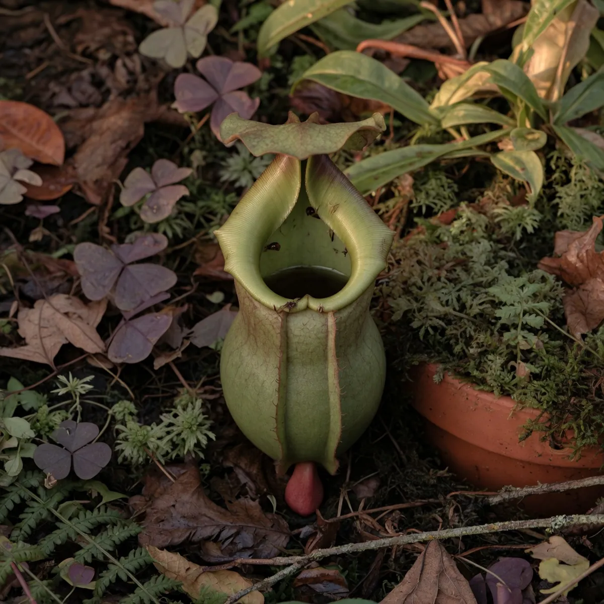 A green pitcher plant's deep cavity trap nestled among damp forest floor foliage.