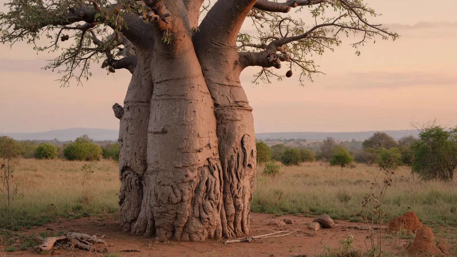 A mature baobab tree with its characteristic swollen trunk standing in an African savanna landscape.