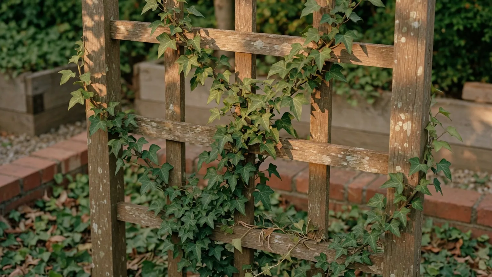 A healthy English ivy vine with characteristic lobed leaves climbing a wooden garden trellis.