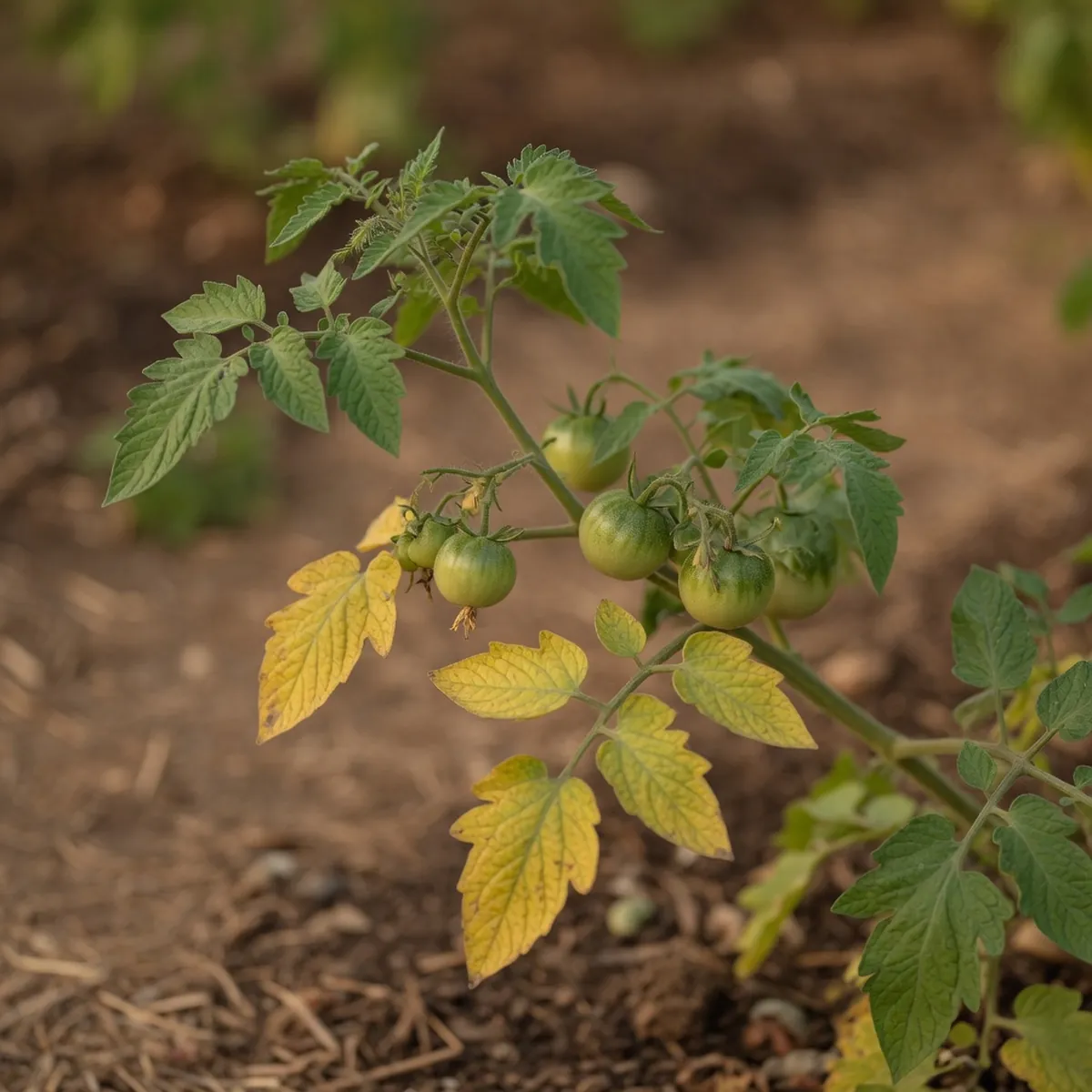 A tomato plant branch displaying both healthy green leaves and early signs of yellowing.