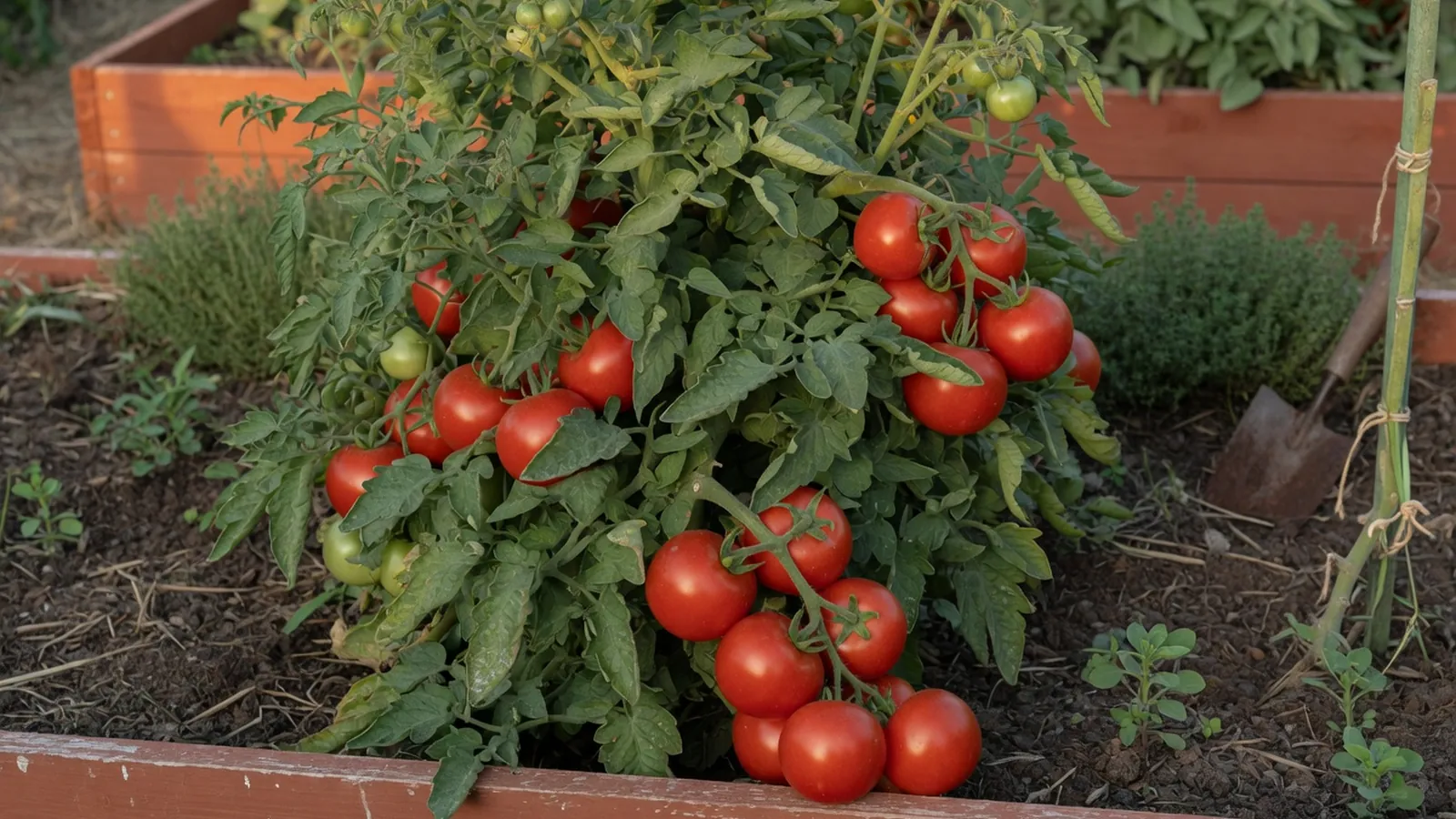 A healthy tomato plant laden with ripe red fruit growing in a garden bed.