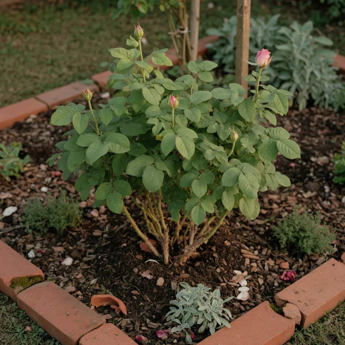 A healthy rose bush with vibrant green leaves and developing buds in a garden bed.