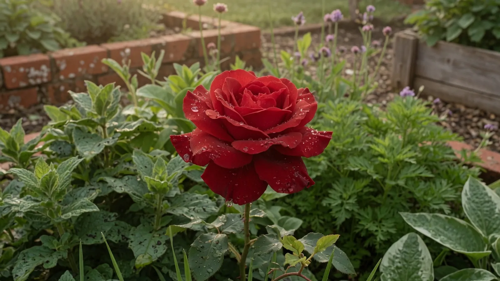 A single fully bloomed red rose with dewy petals surrounded by lush green foliage.