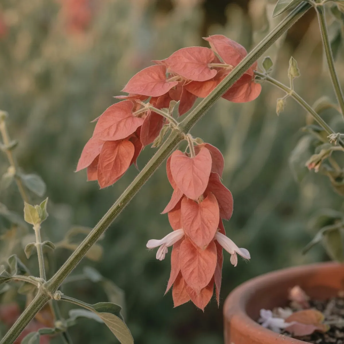 A close-up view of a shrimp plant stem featuring a drooping spike of overlapping salmon-pink bracts.