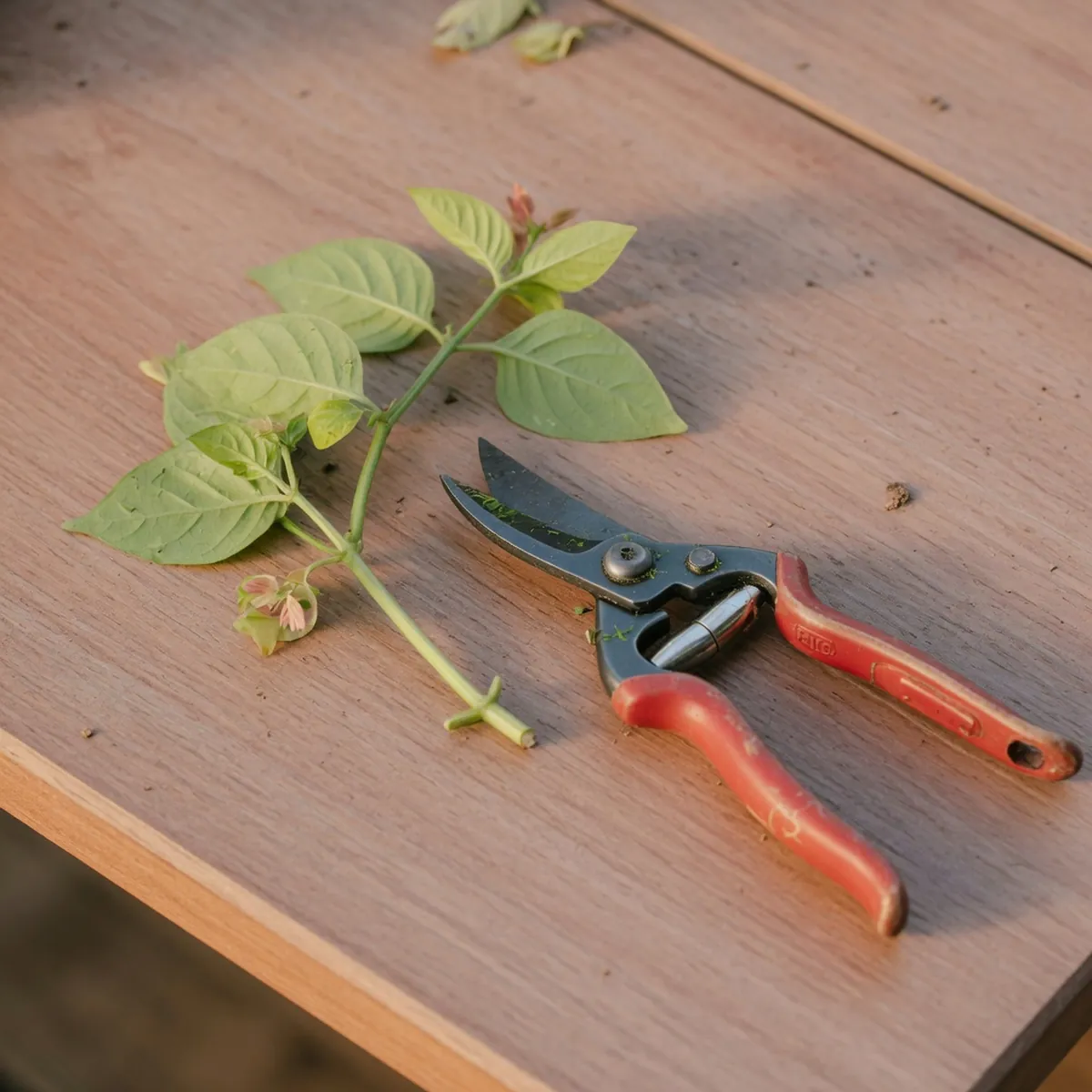 Pruning shears resting beside a freshly trimmed shrimp plant cutting ready for propagation.