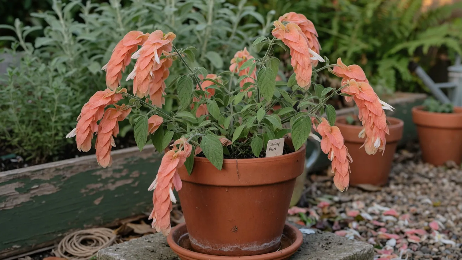 A potted shrimp plant displaying drooping spikes of overlapping salmon-pink bracts in a sunlit garden.