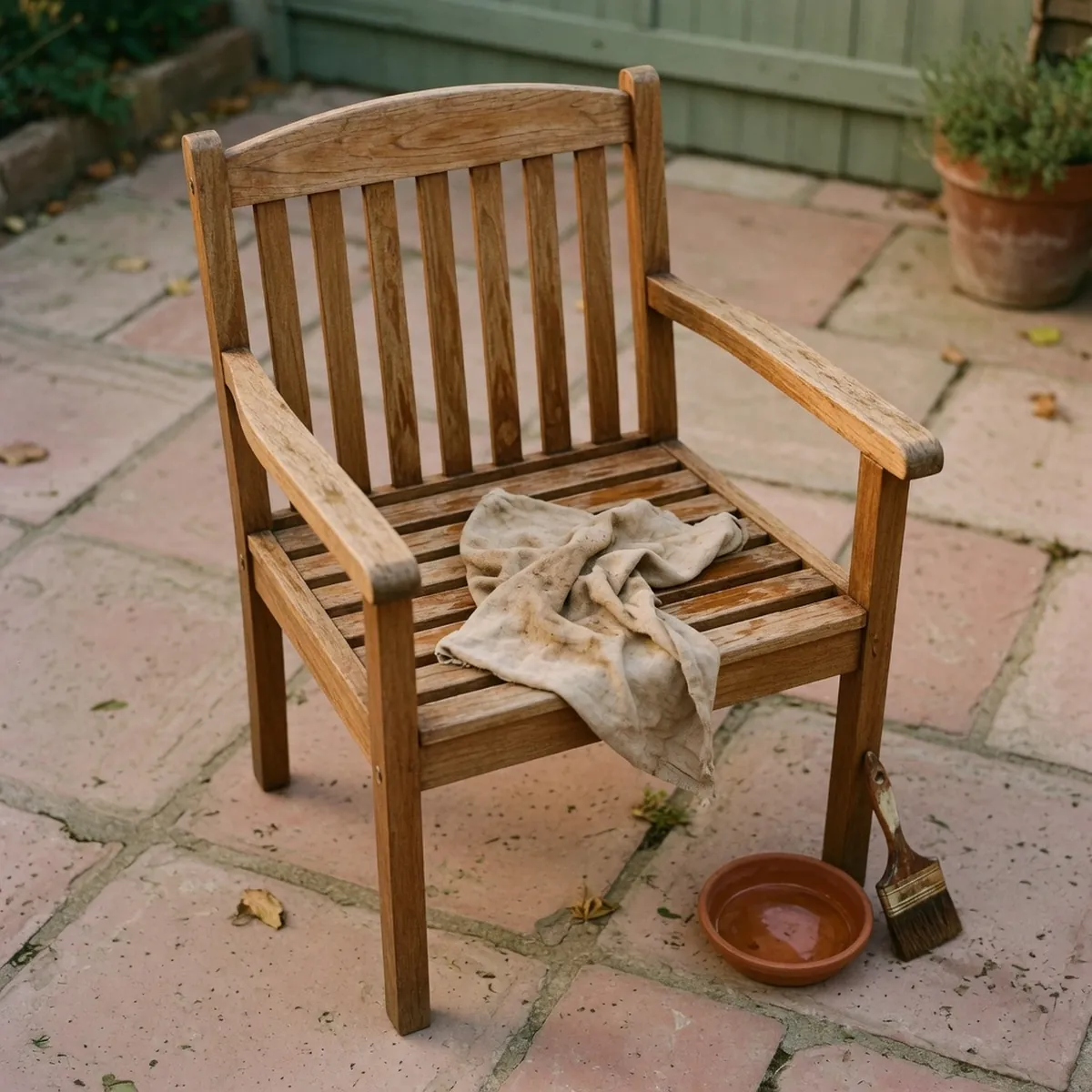 A wooden patio chair being wiped with a soft cloth to apply oil and preserve its natural color.