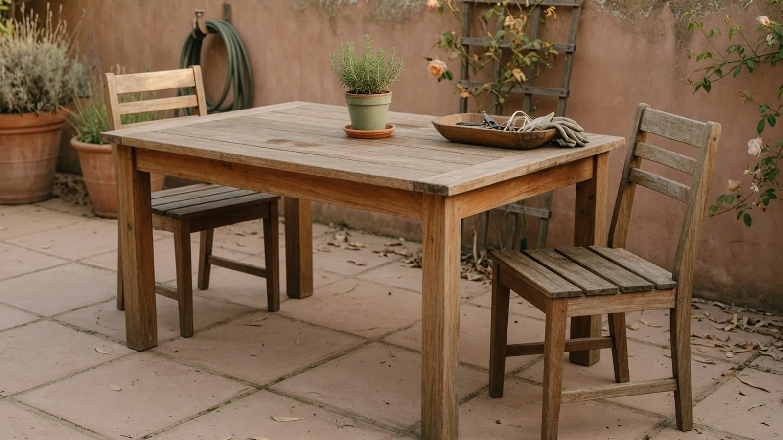 A clean eucalyptus wooden garden table and chair set placed on a sunlit patio.