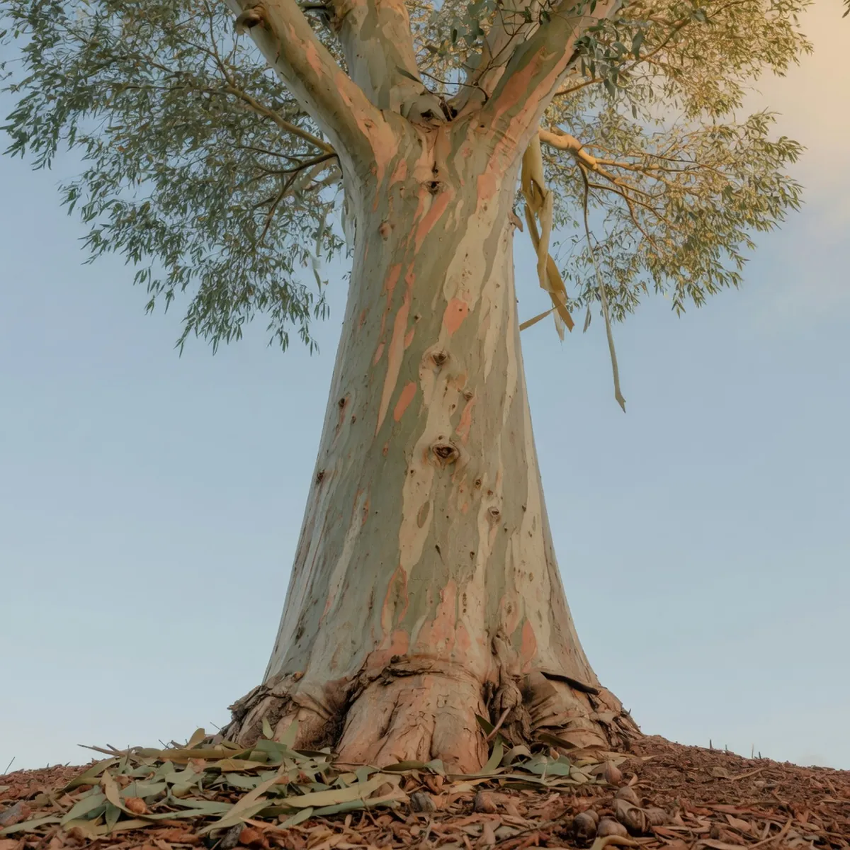 A massive eucalyptus tree stretching upward into a clear blue sky.