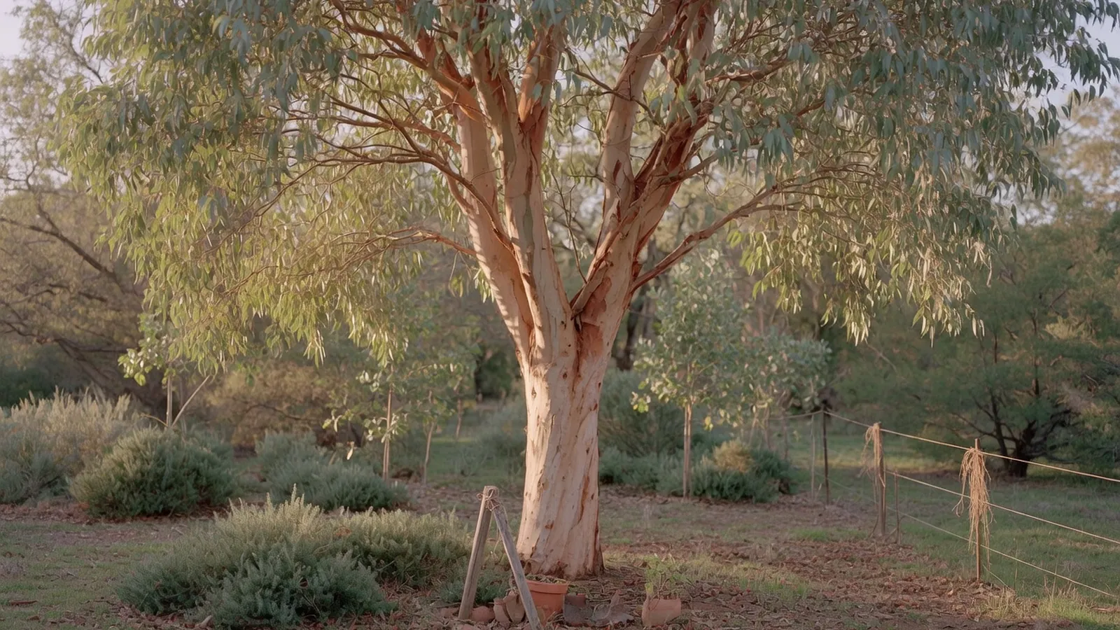 A mature eucalyptus tree standing tall in a sunlit Australian woodland.