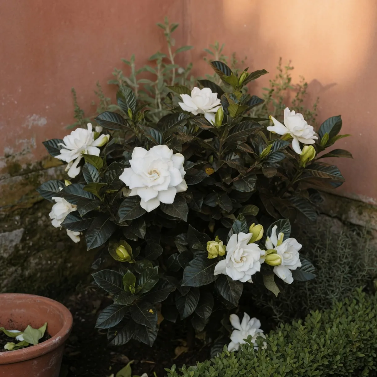A gardenia bush with pristine white blooms nestled among dark, shiny evergreen leaves.