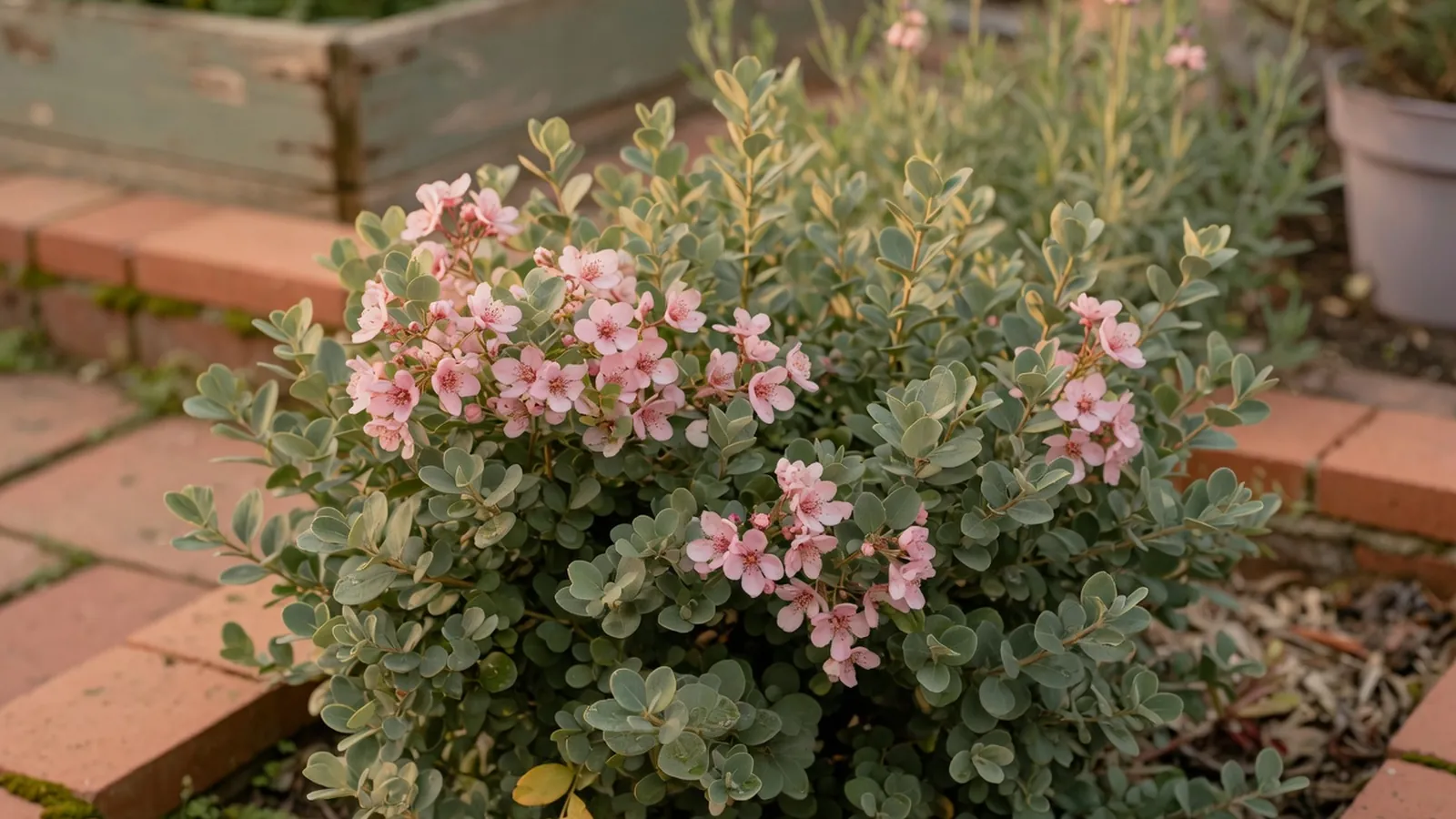 A vibrant evergreen shrub displaying clusters of pink blossoms against lush green foliage.
