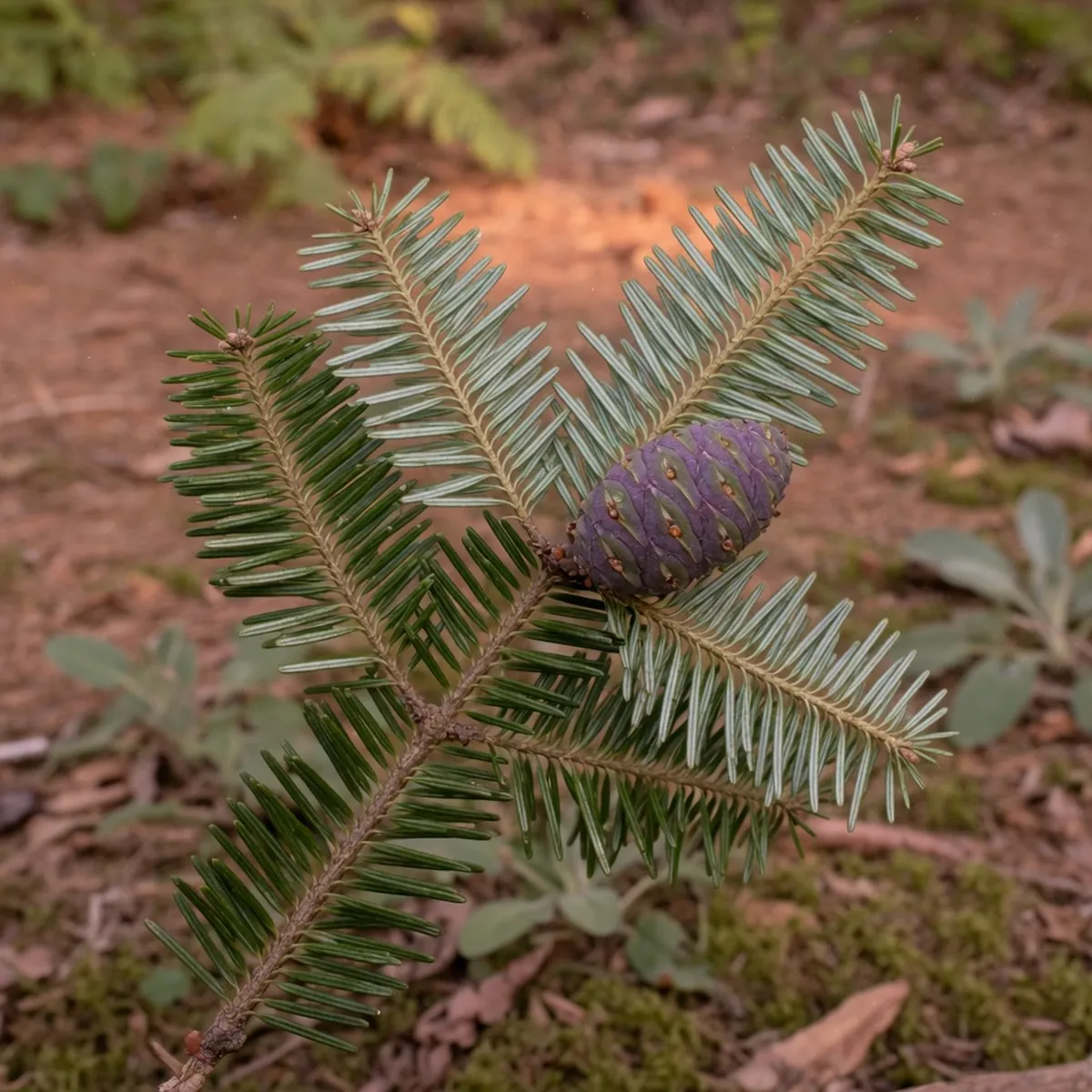 A balsam fir branch showing flat needles with contrasting green tops and silvery-white undersides next to a small cone.