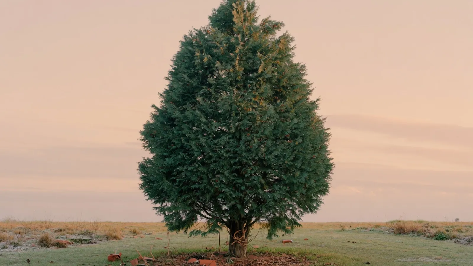 A tall evergreen tree standing prominently in a quiet winter landscape with deep green foliage.