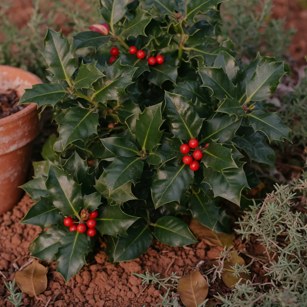 Glossy dark-green holly leaves with bright red berries in a garden setting.