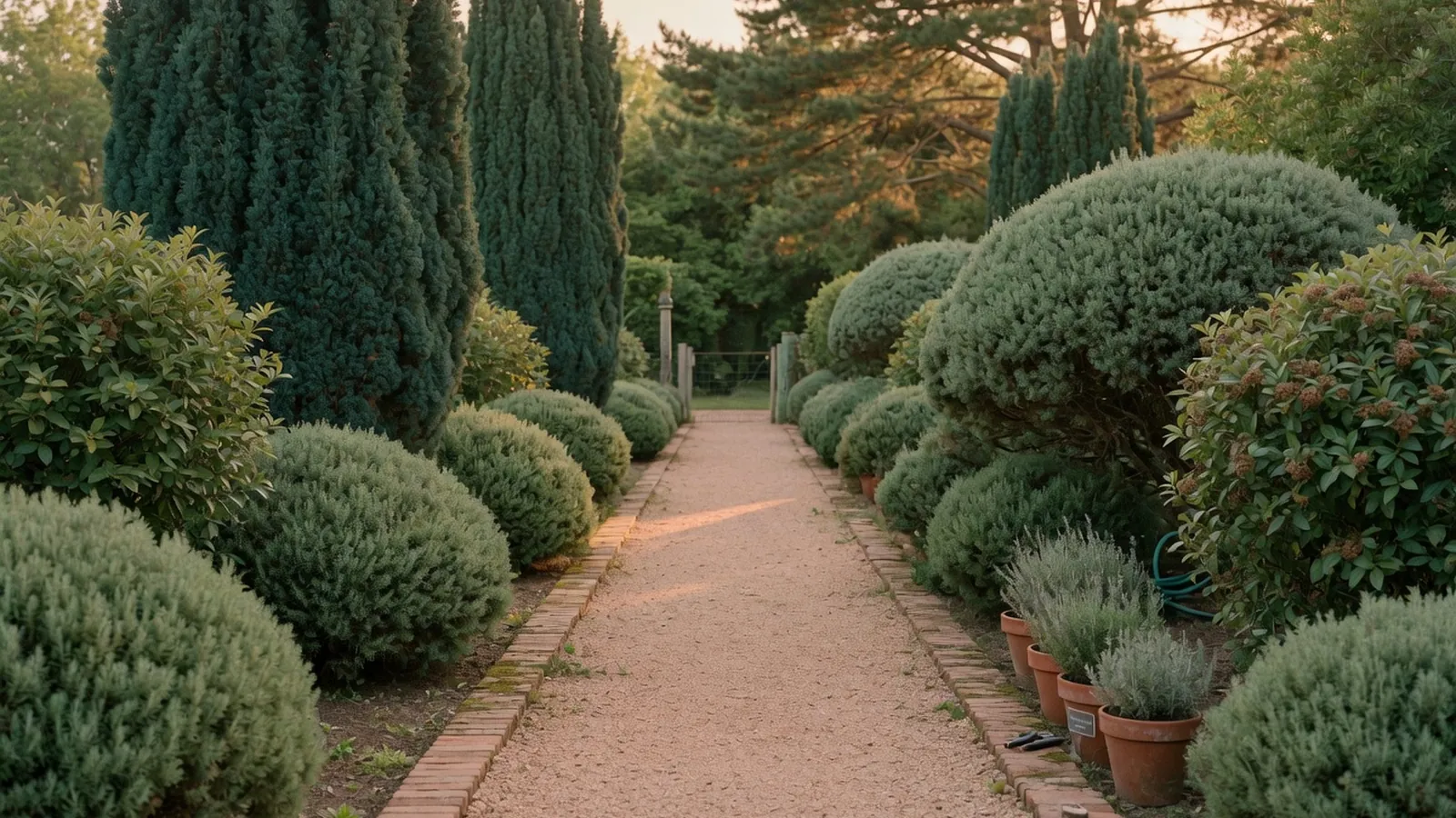 A lush garden scene featuring a variety of healthy evergreen trees and shrubs.