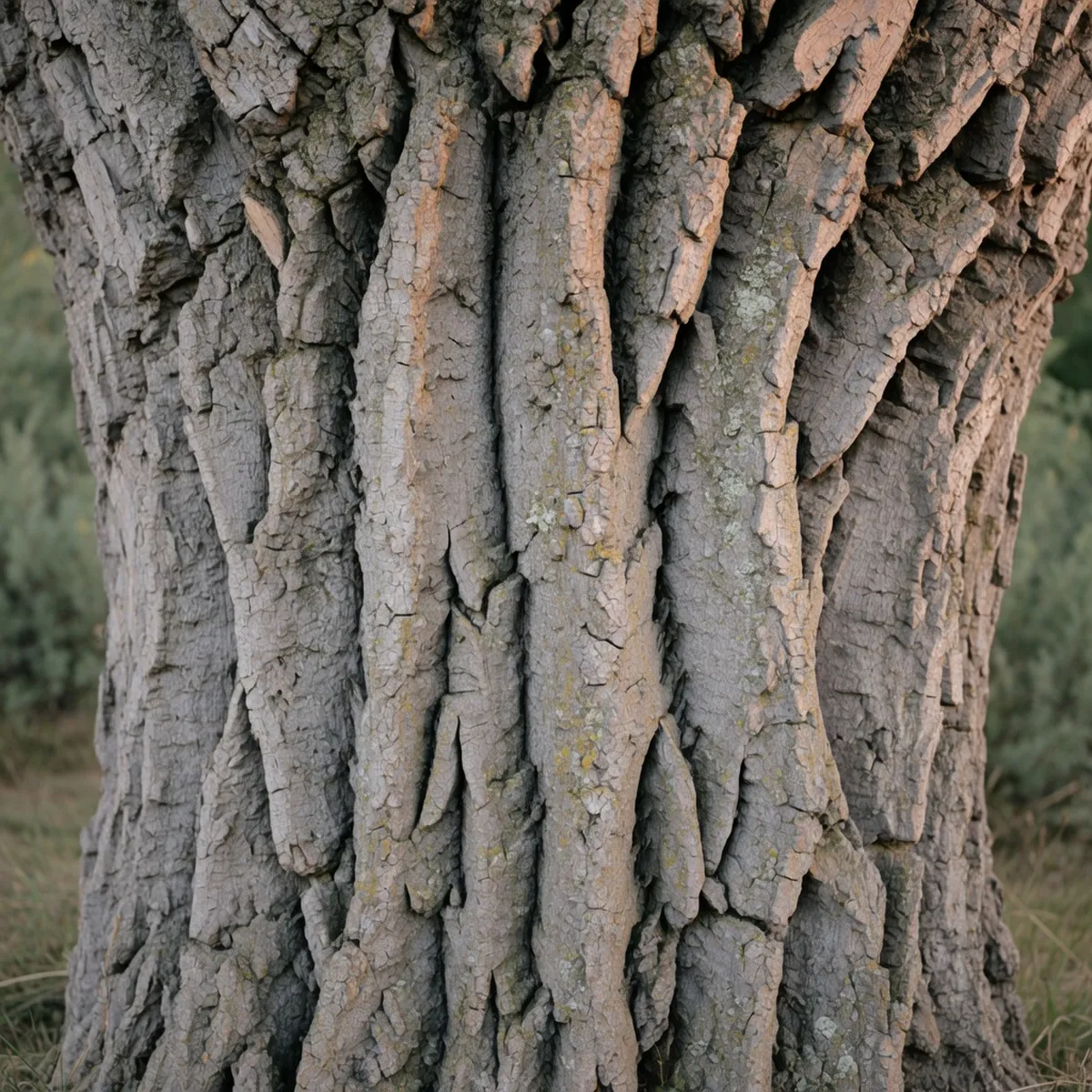 Deeply furrowed ash-gray bark with long vertical ridges on a mature trunk.