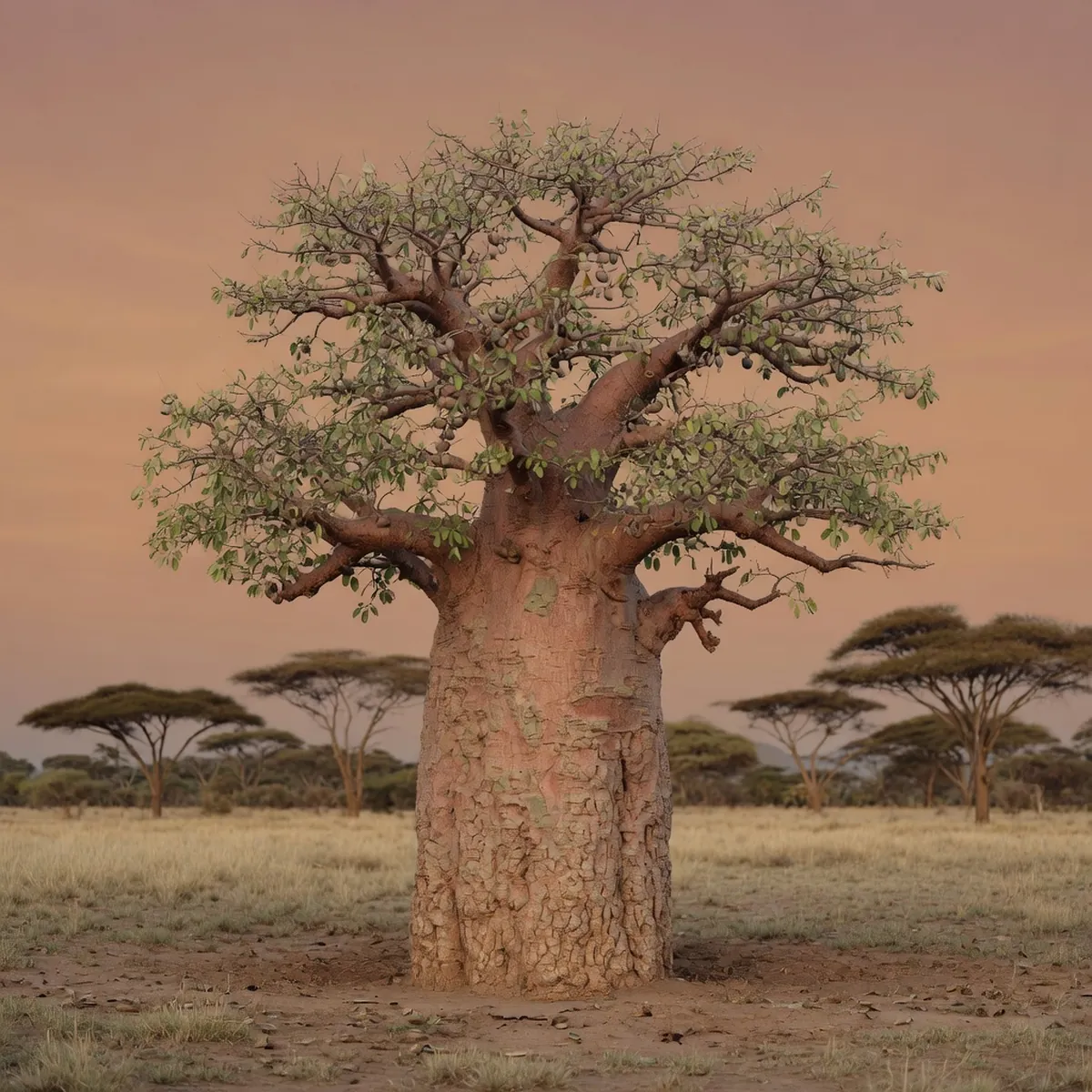 A mature baobab tree with a broad, textured trunk and sparse canopy set against distant acacia silhouettes.