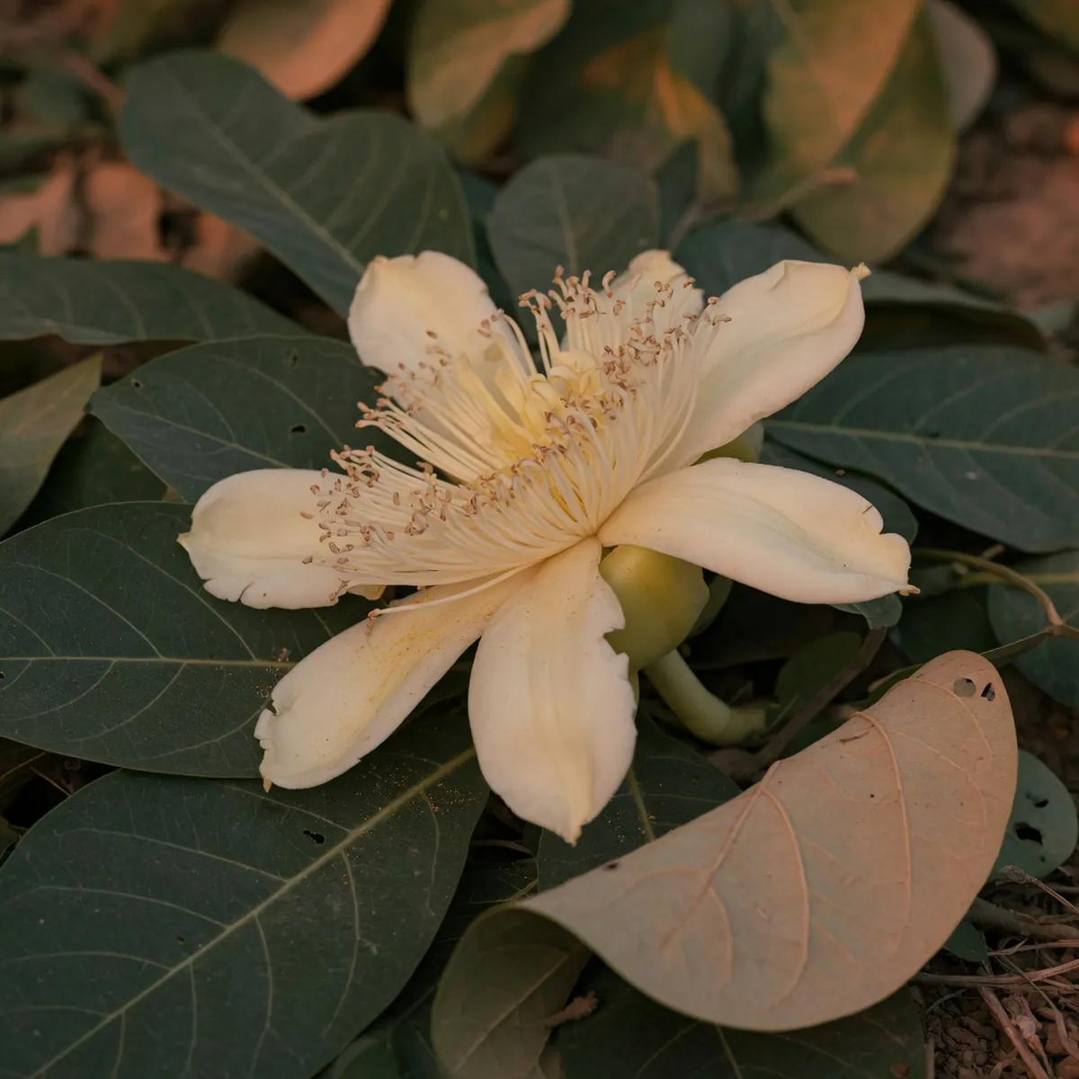 A large, creamy-white baobab flower with delicate petals and prominent stamens resting on dark green foliage.