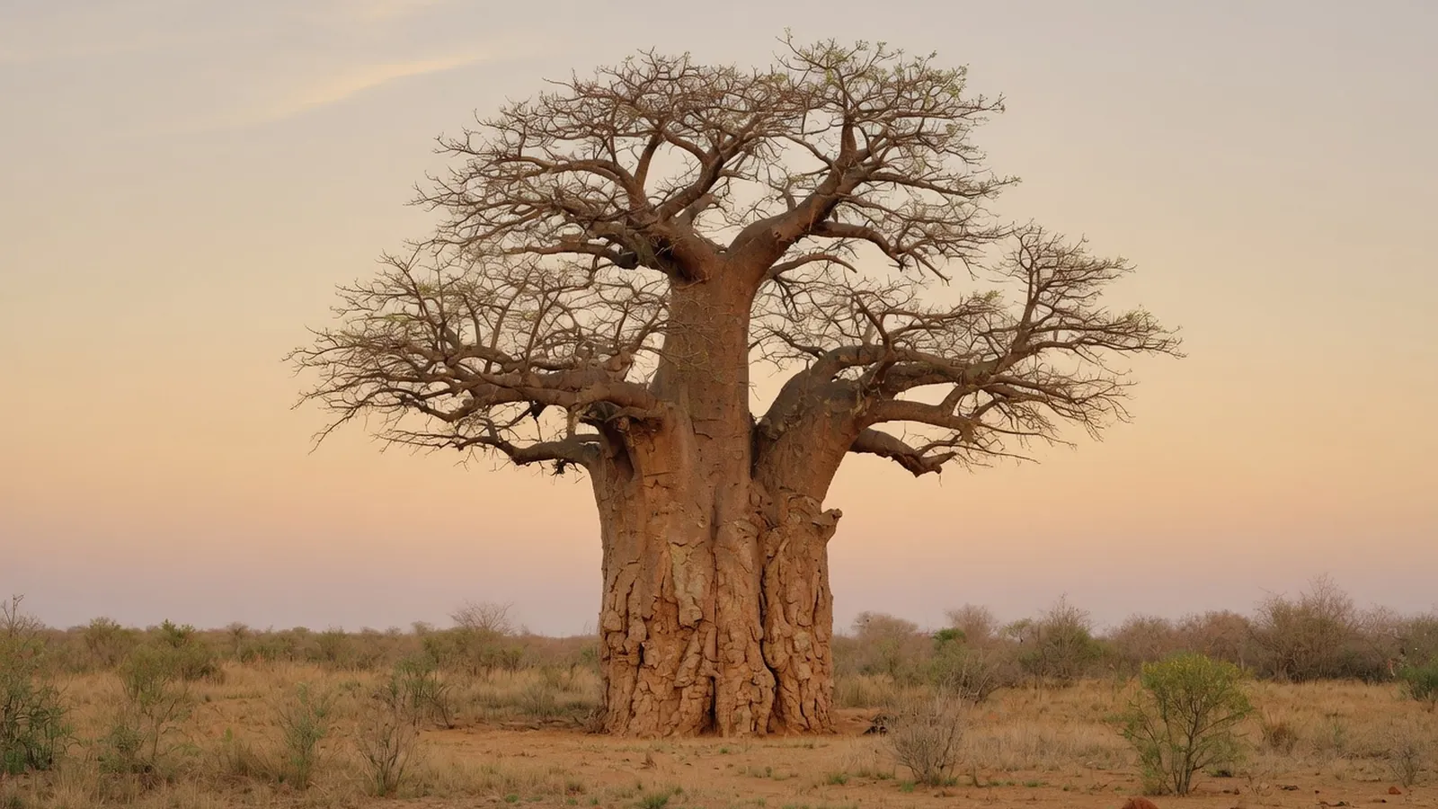 A massive baobab tree with a thick, bottle-shaped trunk stands alone in a dry savanna landscape.