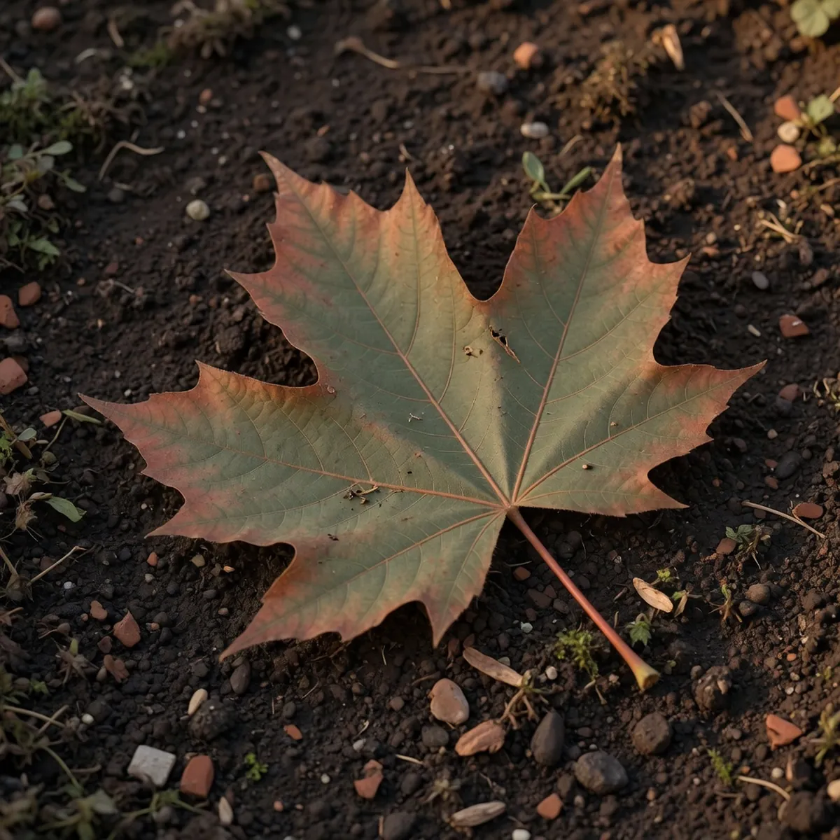 A close-up of a single maple leaf showing slight browning at the edges, resting on dark soil.