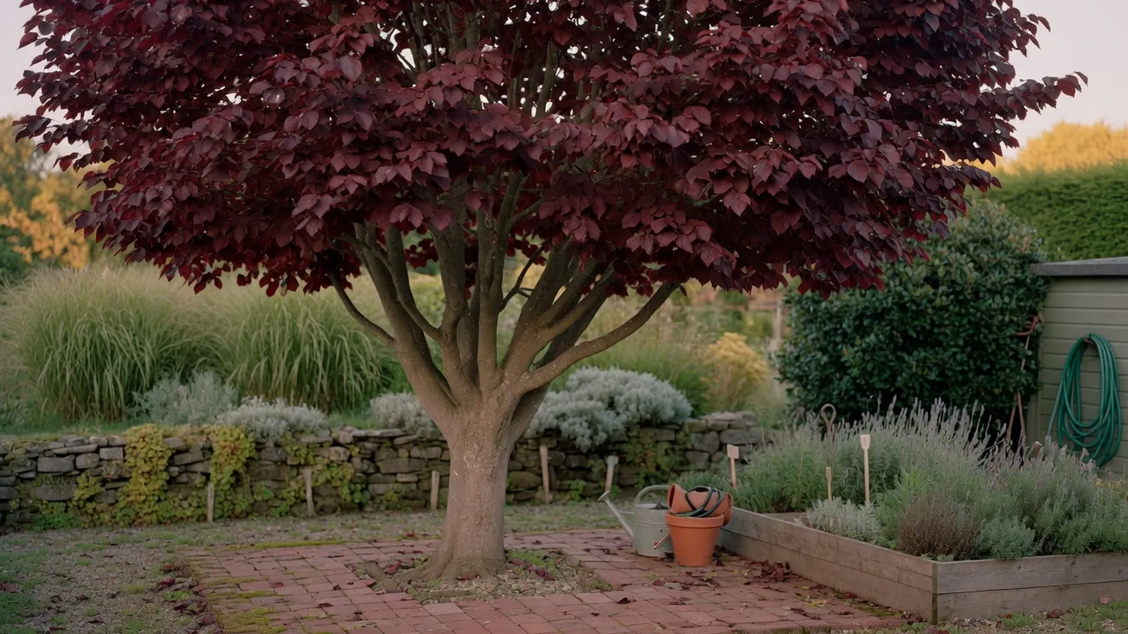 A full view of a mature King Crimson maple tree displaying its dense canopy of deep burgundy foliage against a soft green garden backdrop.
