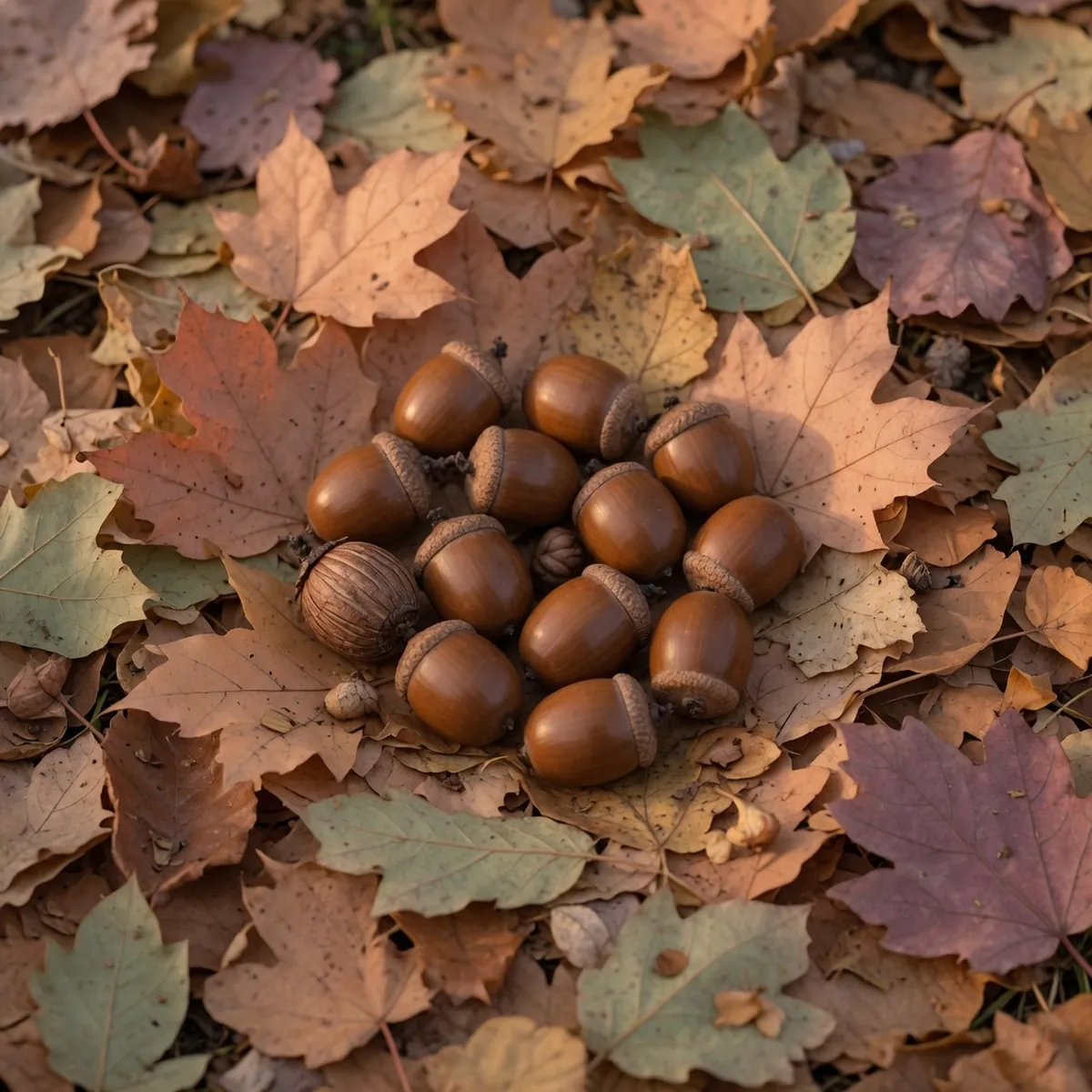 A cluster of brown acorns resting on a bed of fallen autumn leaves.