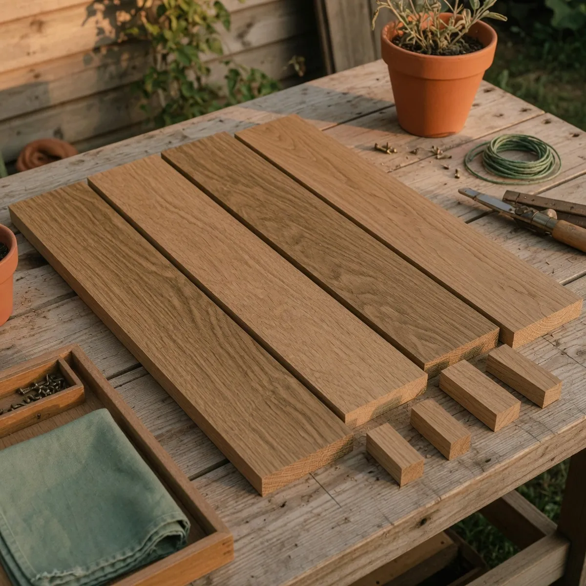 Smooth, wide planks of quarter-sawn oak wood displaying a prominent grain pattern.