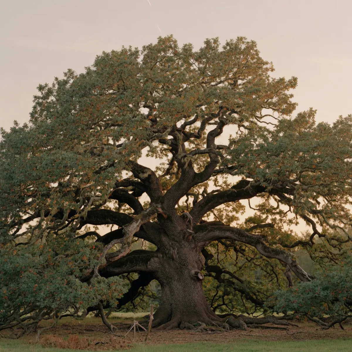 A massive ancient oak tree with a wide, sprawling crown and thick, twisting branches.