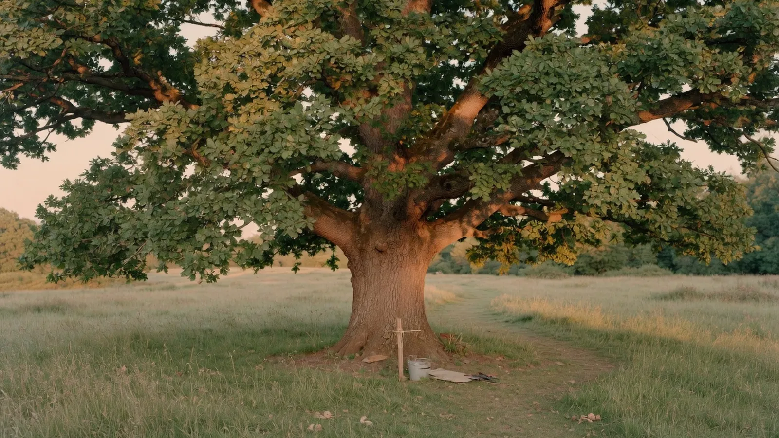 A mature oak tree with a broad canopy standing in a sunlit meadow.