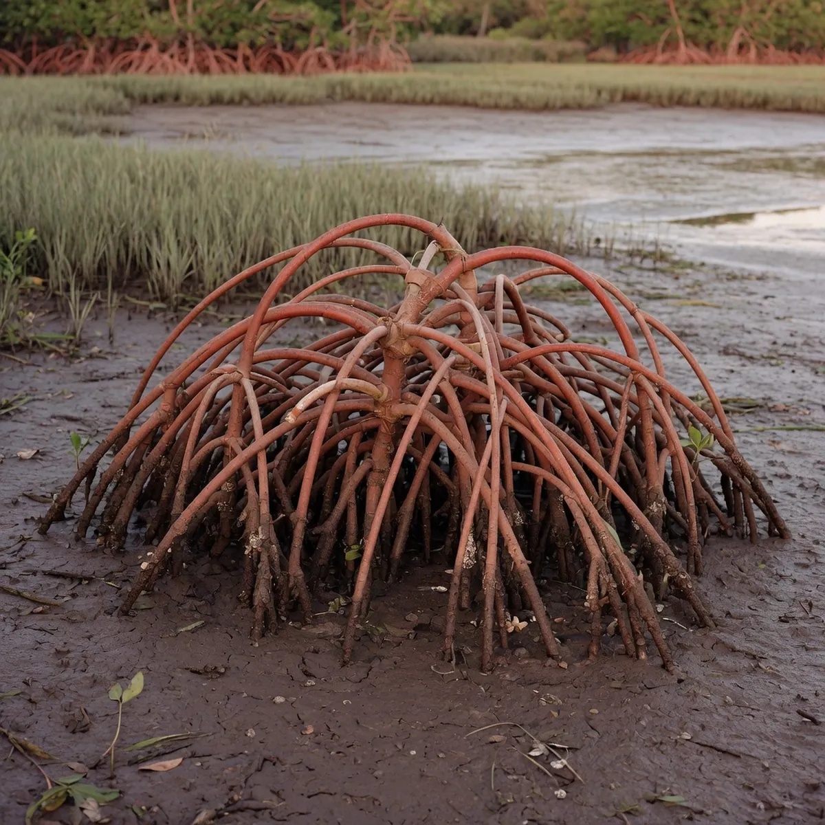 A dense cluster of red mangrove prop roots emerging from dark coastal mud at low tide.