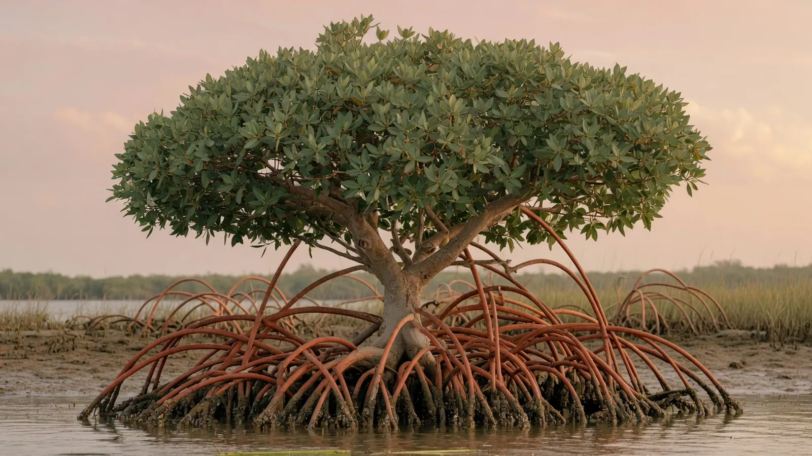 A mature red mangrove tree with its distinctive arching prop roots standing in shallow coastal water.