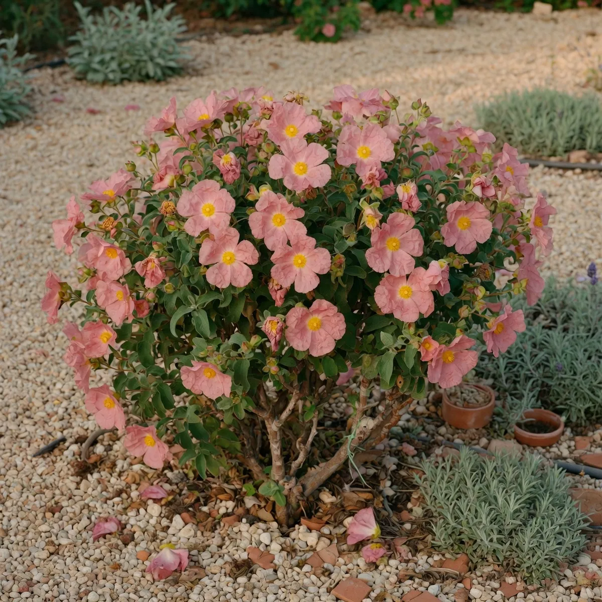 A close-up of clustered rose-pink Cistus flowers with yellow centers growing on a woody shrub.