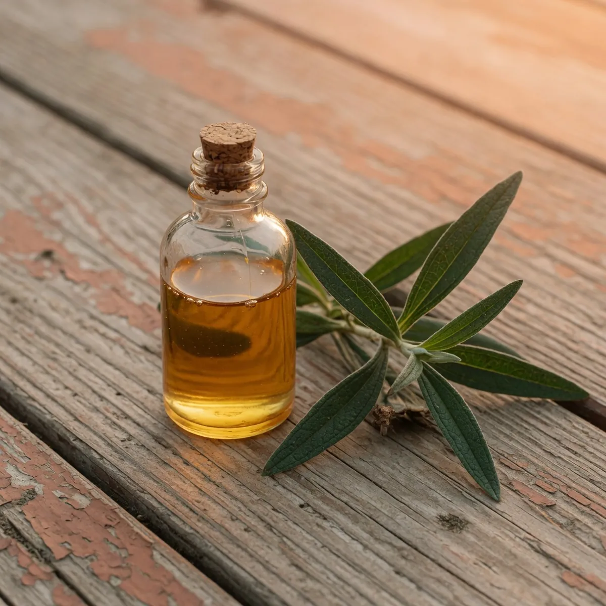 A small glass bottle of golden essential oil resting beside fresh green Cistus leaves on wood.