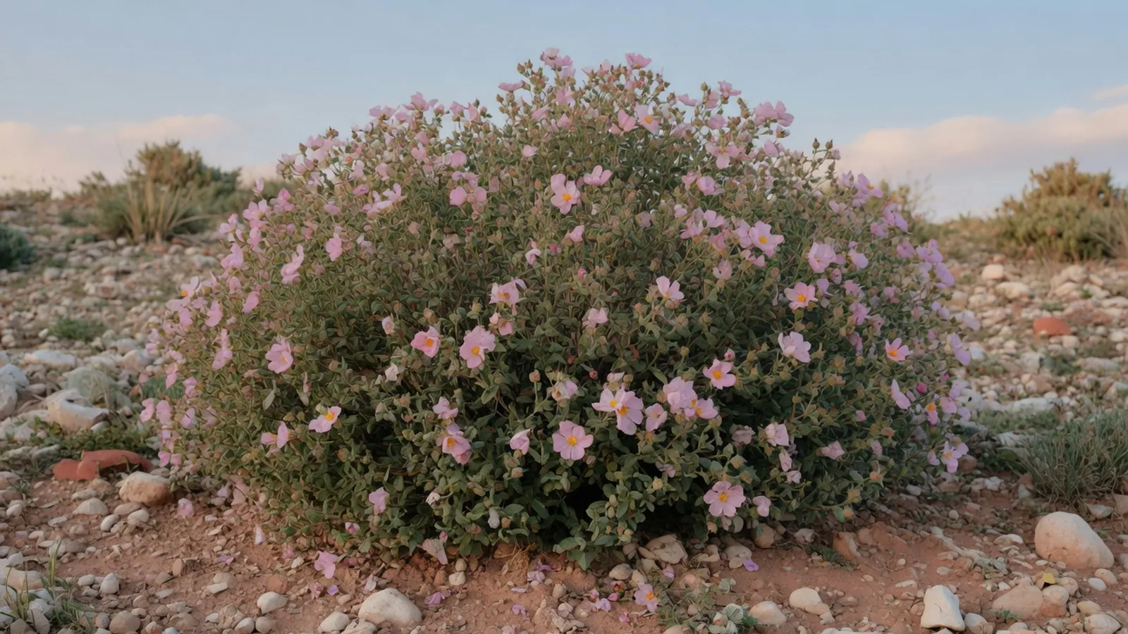 A vibrant Cistus shrub covered in papery pink and white flowers blooming in a sunny garden bed.