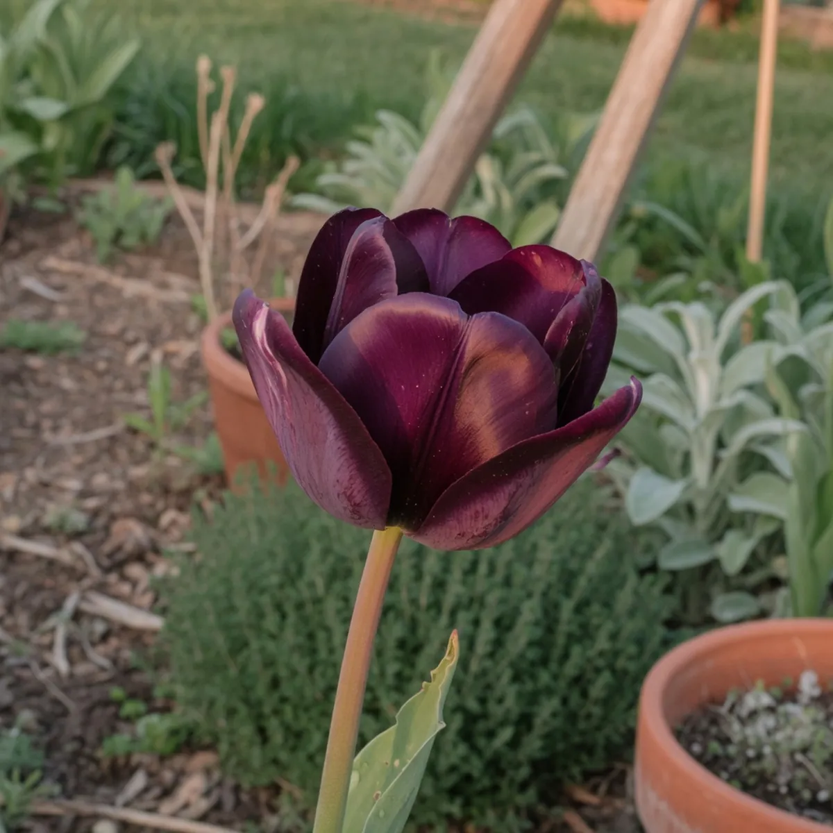 A single deep purple tulip bloom with velvety petals against a soft green garden background.