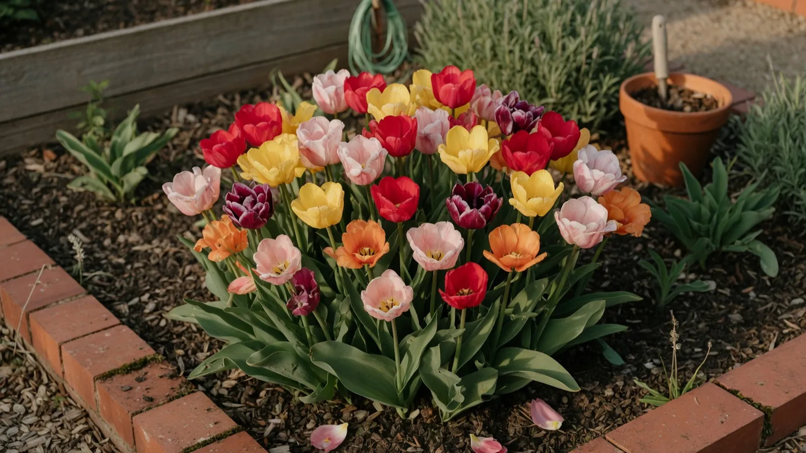A vibrant cluster of multi-colored tulips in full bloom within a sunlit garden bed.