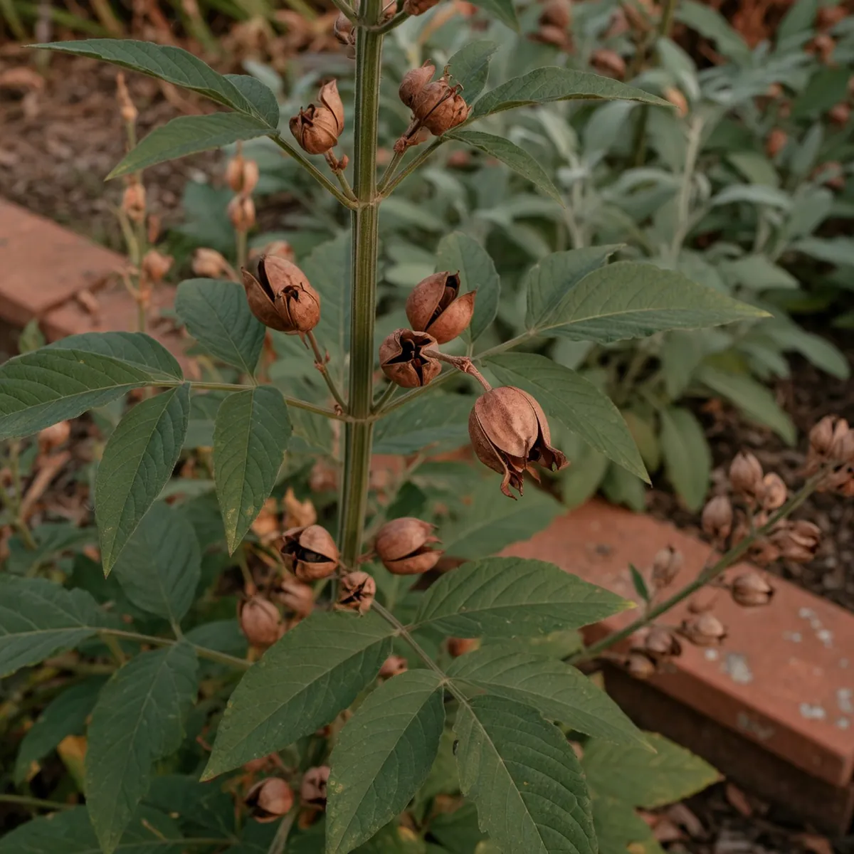 Green compound leaves and dry brown seed capsules growing on a sturdy upright stem.