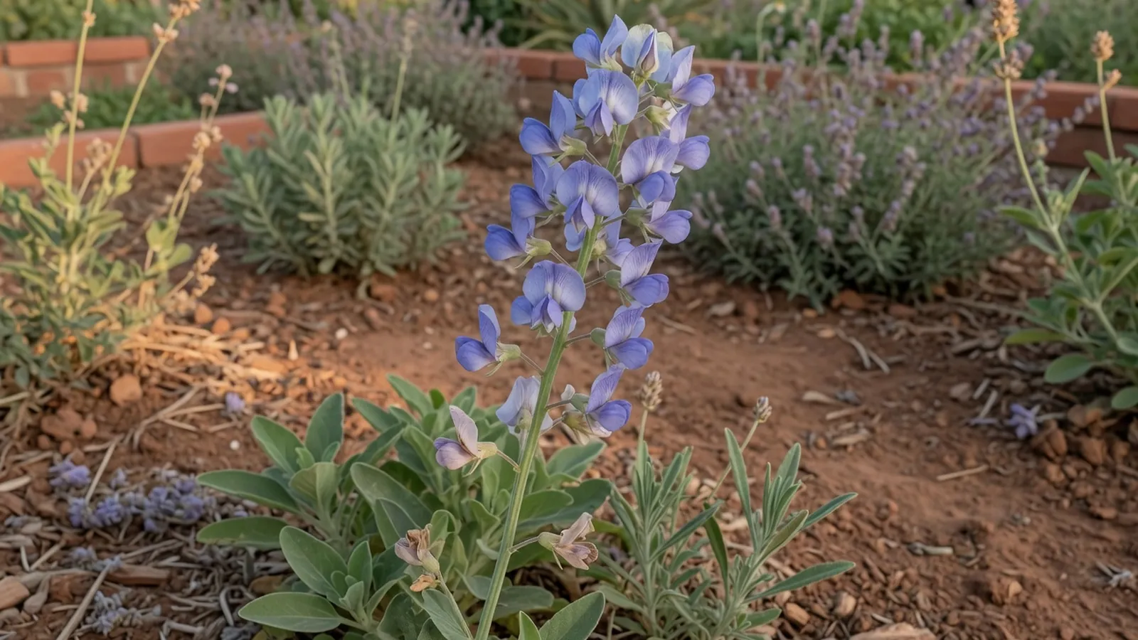 Lavender-blue pea-like blossoms blooming on an upright green stalk in a garden setting.