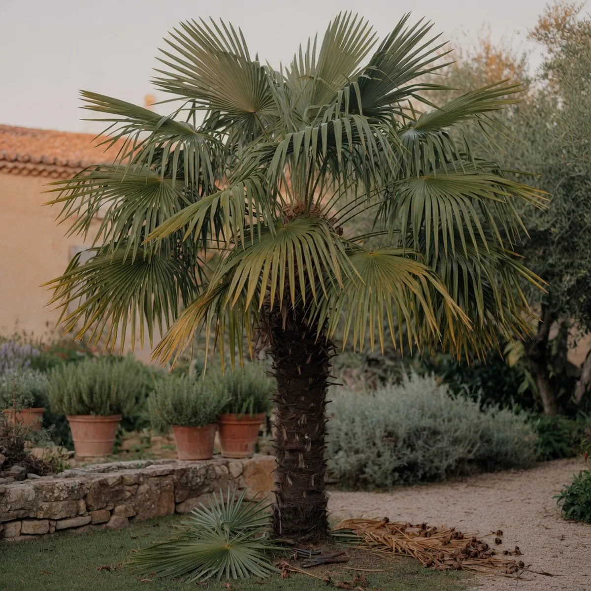 A Chinese fan palm tree displaying its characteristic fountain-like canopy of gracefully drooping leaf segments.