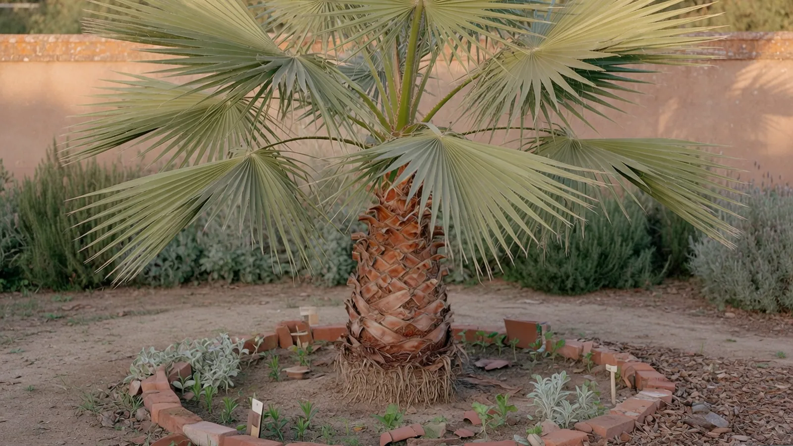A healthy fan palm tree with broad, radiating fronds standing in a sunlit garden bed.