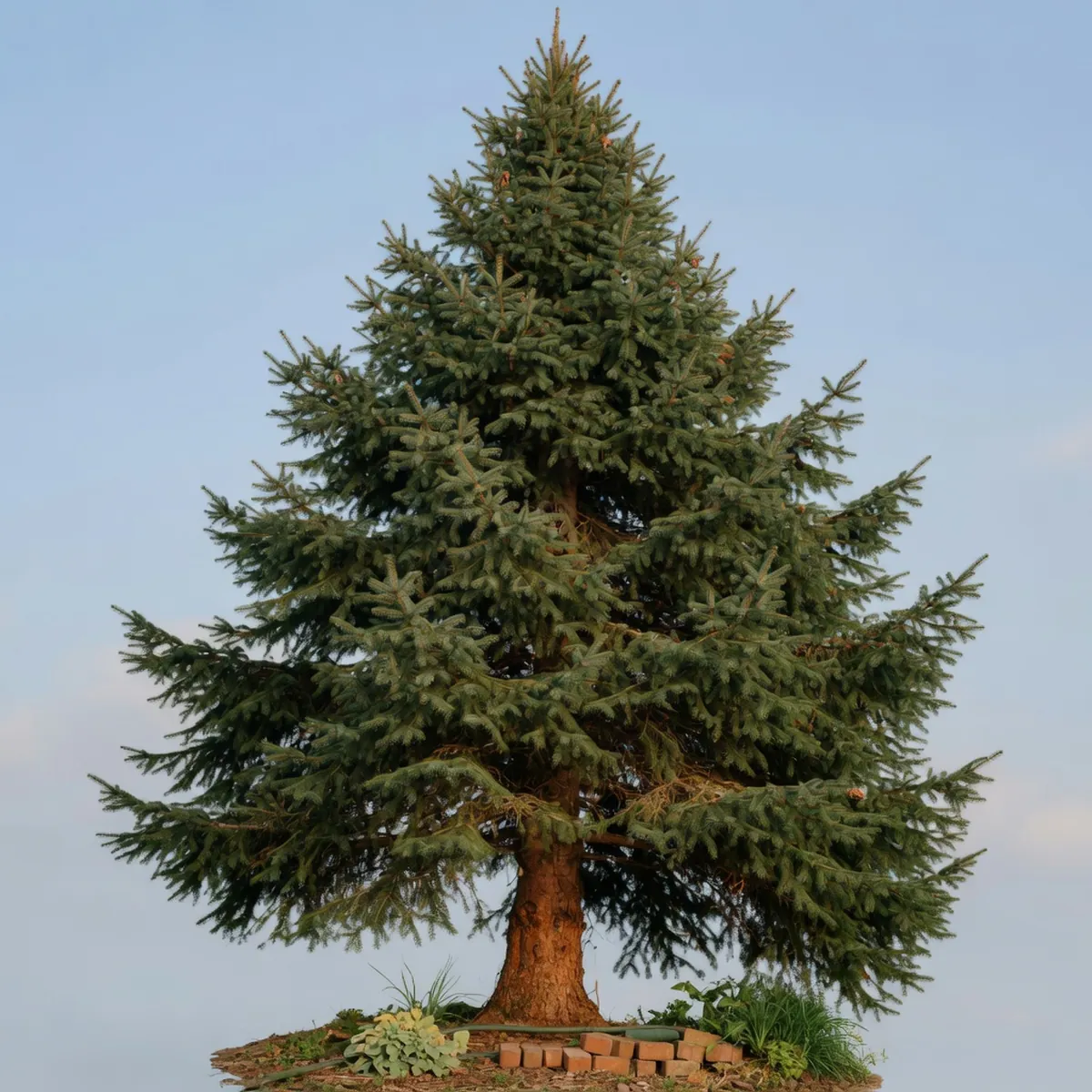 A towering mature Norway spruce tree displaying its classic conical shape and dark green needle-like foliage.