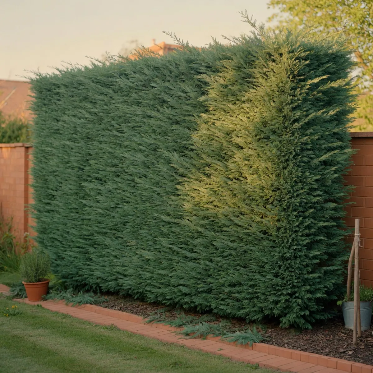 A thick, uniform hedge of Leyland cypress trees forming a dense green barrier in a landscaped yard.