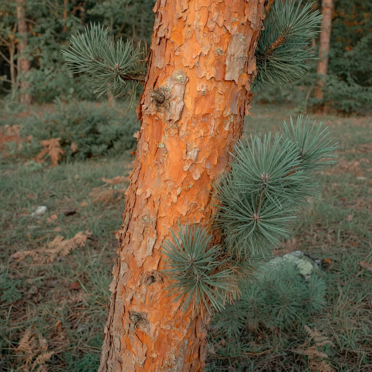 A close-up view of a Scotch pine trunk showcasing its characteristic bright orange scaly bark and blue-green needle clusters.